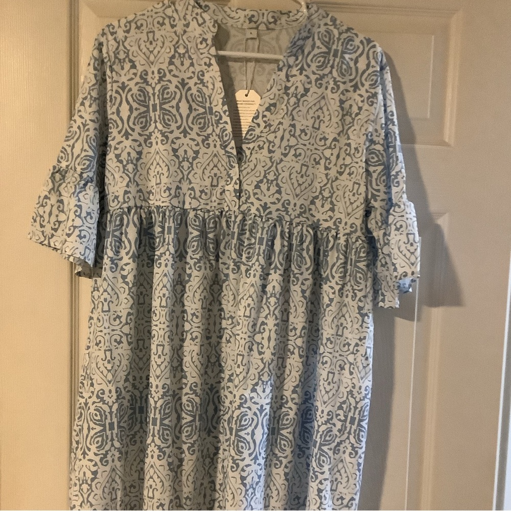 Made with love Blue and White Printed V neck new dress